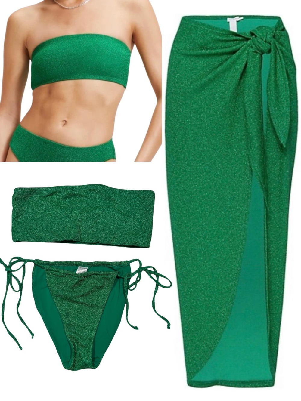 Green Goddess Sparkly Bikini Bandeau Sarong Swim Set